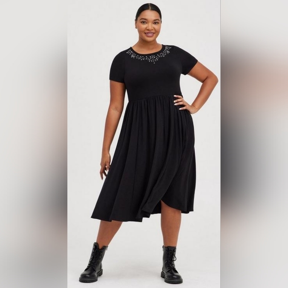 torrid Dresses & Skirts - Torrid Embellished Neck Skater Midi Dress - Knit Black